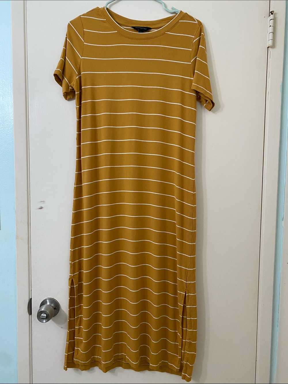 Banana Republic Mustard and White Striped Midi T-shirt Dress